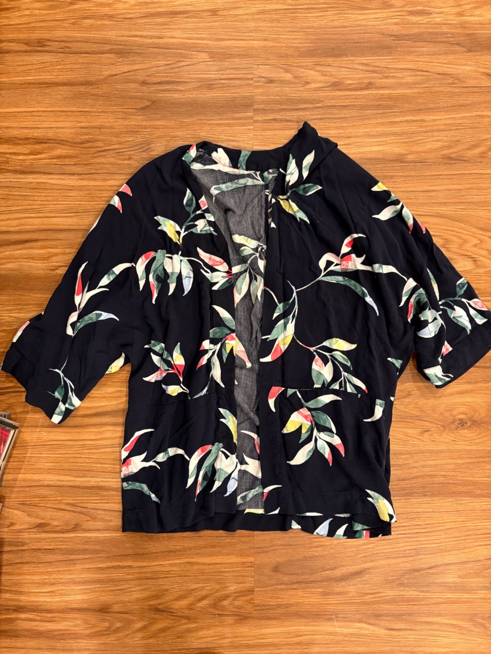 Navy Blue and Floral Pattern Kimono Style Top